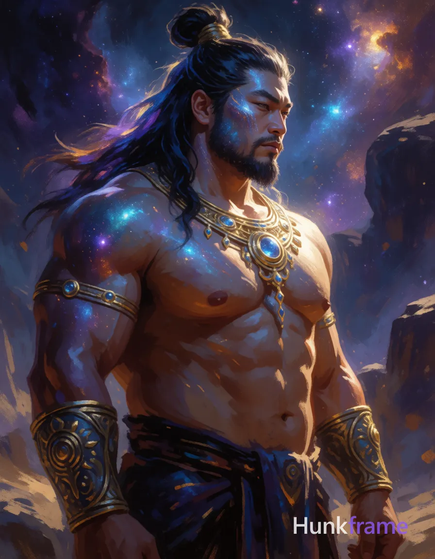 Very large heavy muscular stocky adult man with a broad thick torso, massive shoulders, thick neck, meaty chest and arms, powerful thighs, dense body hair, and heavyweight muscle-bear proportions; Asian man with blue-tinted cosmic skin and glowing highlights, long dark hair in a high topknot streaked with galaxy blues and purples; He stands shirtless in three-quarter profile facing right, head turned slightly to the viewer, wearing an ornate golden celestial necklace and matching arm bands on both forearms; The composition is a vertical medium shot from mid-thigh up against a cosmic nebula background with distant rocky formations; Dramatic rim lighting highlights his broad shoulders, defined pectorals, sculpted abs, and thick thighs partially visible at the edges; High-contrast digital painting style with painterly brushstrokes, glowing particle effects, starfield texture, mythological iconography blending divine mood in deep indigo, violet, golden amber, and electric cyan, same aesthetic theme and photo feel as the reference but a different man in a different pose with distinct body proportions, Slavic man, pale skin; single clean uninterrupted artwork with a cohesive composition and plain continuous surrounding surfaces