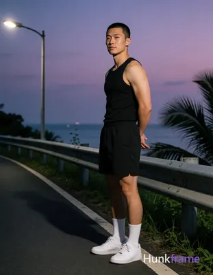 Asian man with short buzz cut and clean-shaven face stands sideways in a tasteful suggestive pose, h