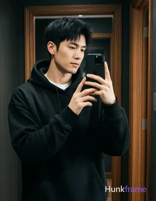an anonymous figure man with short textured black hair and clean-shaven face, wearing a black oversi