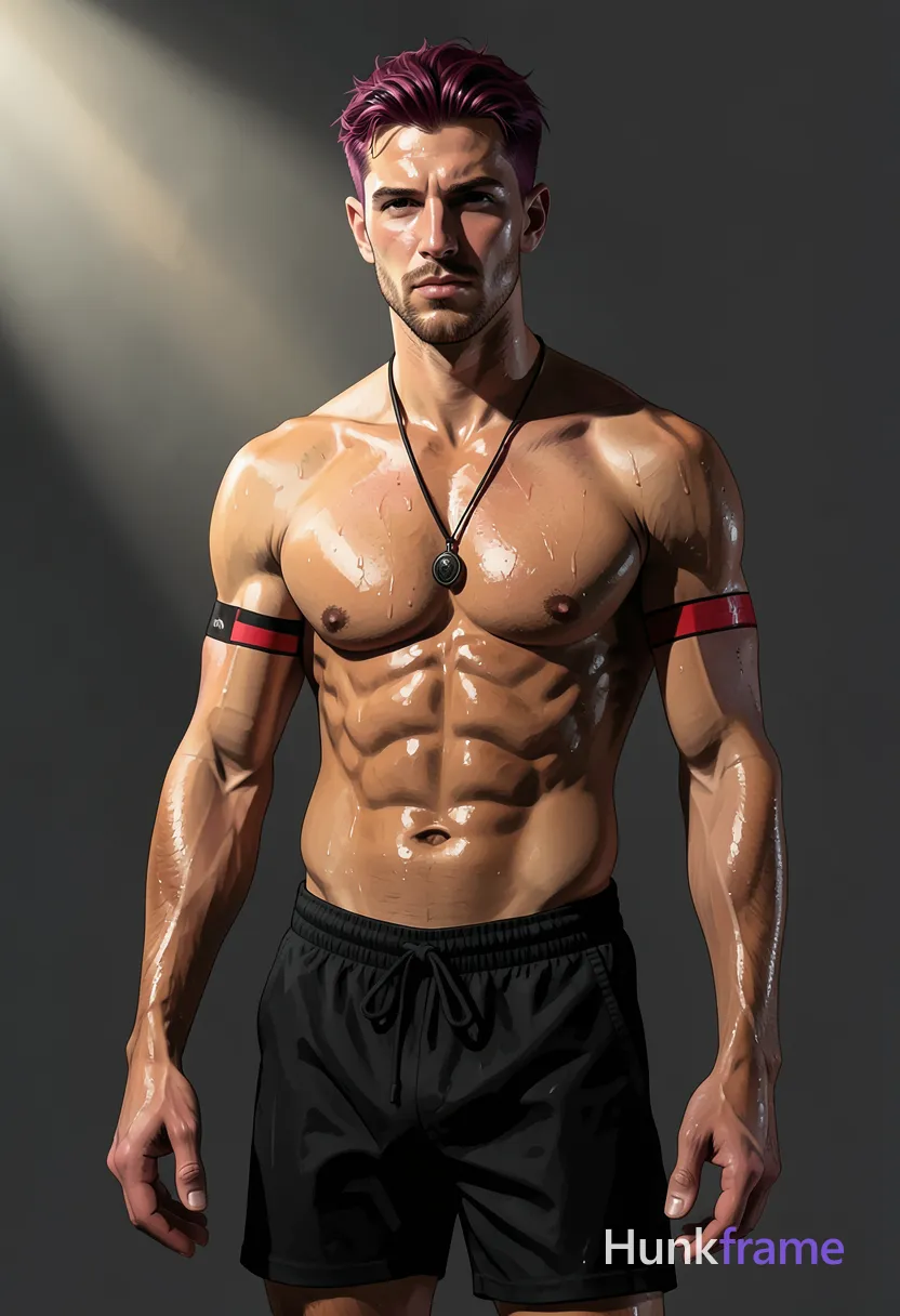 freshly generated candid Xiaohongshu lifestyle photo, brand new full-body composition with a different pose, camera angle and background, both hands relaxed, not a mirror selfie, not a copy of any reference image, shirtless, shirtless (no shirt, tank, hoodie, or jacket), black cord necklace with dark pendant hanging over bare chest, red-and-black band on left upper arm, highly muscular chest and shoulders, defined abdominal muscles, visible pectoral definition, authentic social-feed lifestyle mood, reference lighting and color treatment: digital illustration with painterly brushwork, dramatic directional lighting from upper left casting strong shadows on right side of face and torso, high-contrast highlights on wet skin and sweat, medium-brown skin tones, reddish-purple hair, black accessories (necklace, same aesthetic theme and photo feel as the reference but a different man in a different pose with distinct body proportions, German man, fair skin, strong brow ridge, lean cyclist legs, a single uninterrupted photograph only, no written words or typography anywhere in frame, no captions, no app UI, no social-media post layout, no screenshot borders