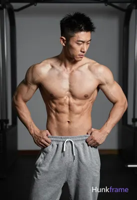 Asian man with short spiky black undercut hair and clean-shaven face, shirtless adult male exposing 