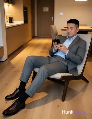 Full body shot of an adult man reclining on a modern lounge chair, right side of frame; He has short