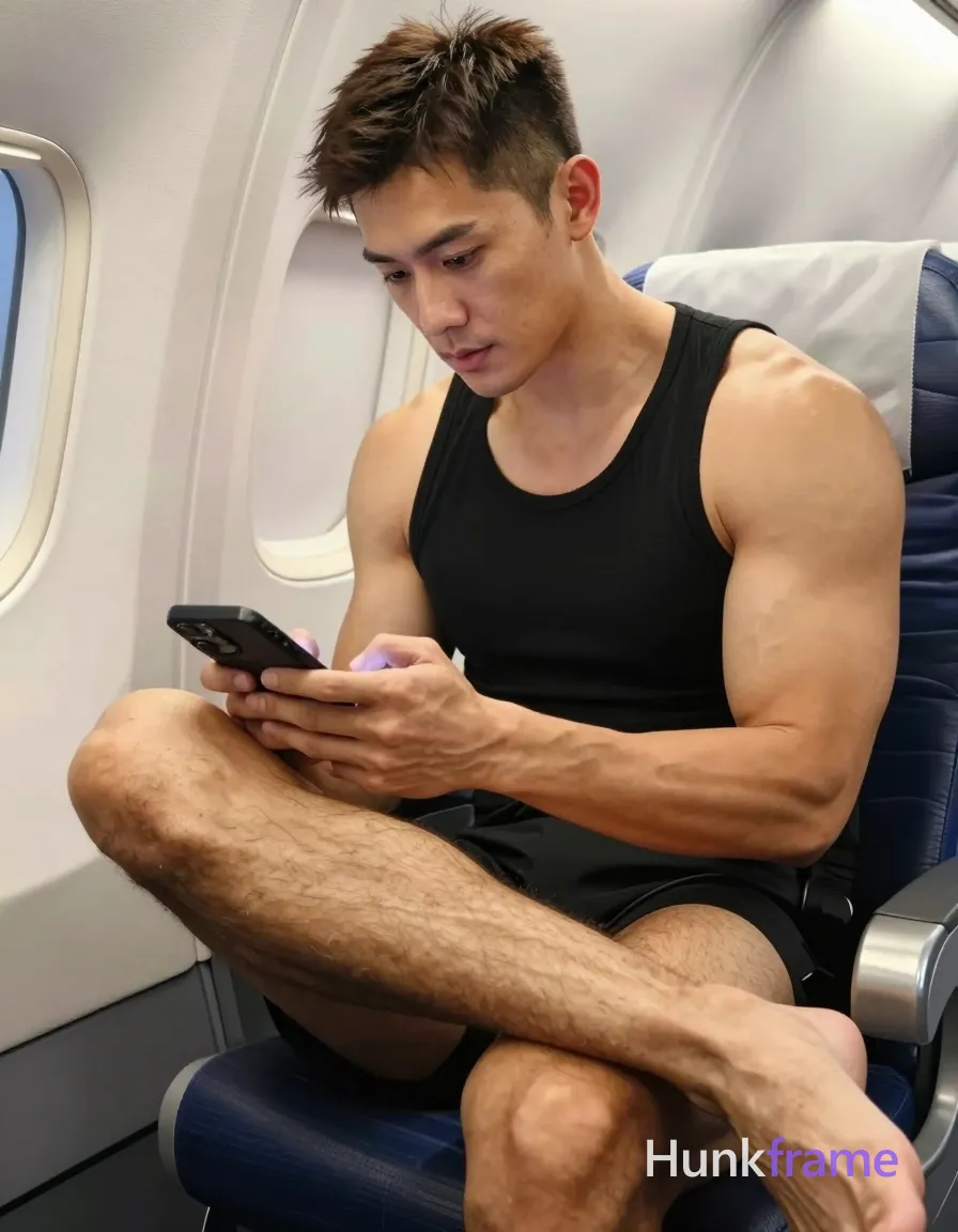 Asian man with light to medium tan skin and short dark brown hair featuring a textured top with faded sides sits in an airplane cabin; He wears a black sleeveless tank top covering his upper torso, fully clothed as an adult male; His right leg is bent upward exposing the knee and thick thigh musculature while dense leg hair covers the limb; left arm holds a black smartphone against the right thigh; Torso angles slightly forward with relaxed expression focused on screen; Soft ambient cabin lighting illuminates sculpted biceps and shoulders; Vertical portrait composition, phone-camera aesthetic, fine-art photography emphasizing homoerotic muscular physique, same aesthetic theme and photo feel as the reference but a different man in a different pose with distinct body proportions, German man, fair skin, strong brow ridge, lean cyclist legs; single clean uninterrupted photograph with a cohesive editorial composition and plain continuous surrounding surfaces