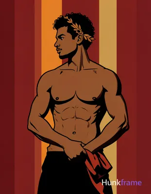 Bold flat-color wall art graphic of a bronze-skinned man with short dark curly h