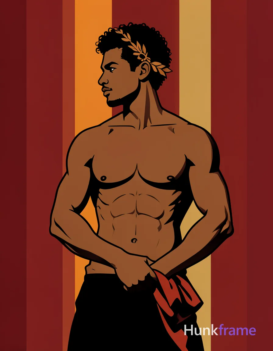 Bold flat-color wall art graphic of a bronze-skinned man with short dark curly hair and wreath accessory in contrapposto profile. Shirtless torso displays sculpted abs and broad shoulders as he holds draped fabric near hip against deep red, burnt orange, and gold vertical columns. Clean vector lines define the high-contrast silhouette from head to mid-thighs within a painterly composition., a single uninterrupted photograph only, no written words or typography anywhere in frame, no captions, no app UI, no social-media post layout, no screenshot borders