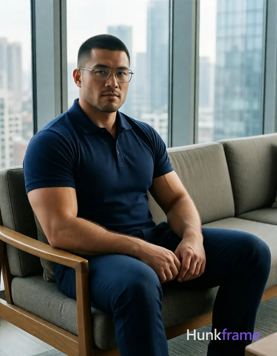an anonymous figure man with light-medium skin and a short black buzz cut, wearing rectangular wire-frame glasses with thin metallic rims; He sits on a wooden-framed sofa in modern indoor lounge setting overlooking urban skyline through large glass windows; Dressed in dark navy blue buttoned polo shirt and matching slim-fit trousers; Broad shoulders defined biceps forearms visible under clean lines minimalist composition; Natural daylight from window source creating soft shadows on face torso supplementing ambient interior lighting; Full-body shot head to shoes framed vertically slight left bias center-left foreground calm composed sophisticated mood fine-art photography dramatic yet natural lighting premium fashion-editorial aesthetic tailored navy polo muscle-bear big-hairy stocky masculine man bear energy broad shoulders meaty chest rugged warm confidence; The adult man visibly wears rectangular wire-frame glasses with thin metallic rims and clear lenses; worn on face covering both eyes on his face; preserve the exact frame shape, rim style, color, material, and lens tint, same aesthetic theme and photo feel as the reference but a; single clean uninterrupted photograph with a cohesive editorial composition and plain continuous surrounding surfaces