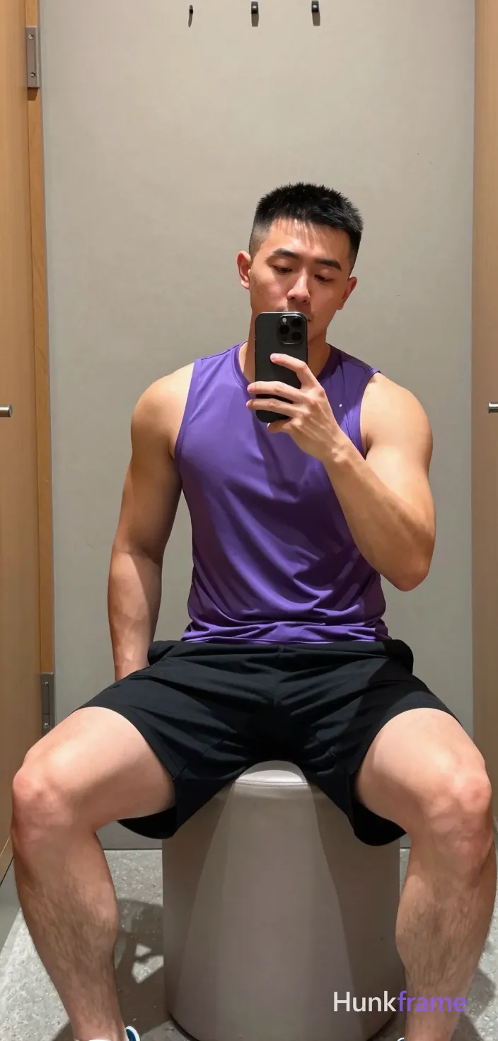 Asian man with short black buzz cut and light stubble sits on a cylindrical ottoman in a gym locker room, holding a black smartphone for a mirror selfie; He wears a tight purple sleeveless athletic tank top exposing his chest and abdomen, paired with mid-thigh black compression shorts showing thick thighs and muscular calves; The composition is vertical portrait 13:19, slightly tilted angle capturing the reflection in the mirror; Soft ambient indoor lighting from overhead fixtures illuminates light-medium skin tones against beige walls and wood paneling; Natural phone-camera aesthetic with confident casual mood, shot on iPhone 15 Pro main camera, authentic smartphone computational photography, natural Smart HDR and true-to-life skin texture, vertical 9:16 Xiaohongshu lifestyle feed, bright clean everyday scene, unretouched phone photo with subtle sensor grain, trendy Chinese internet 网红 aesthetic, candid influencer energy, phone held naturally in one hand for selfie, phone visible in frame; single clean uninterrupted photograph with a cohesive editorial composition and plain continuous surrounding surfaces
