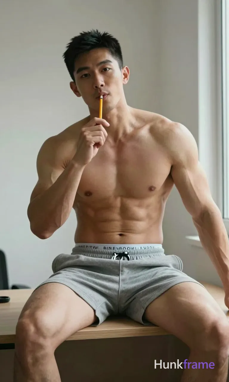 Asian adult man with short dark black hair and clean-shaven face, shirtless upper body showing highly muscular pectorals, deltoids, abdominal definition, and prominent arm vascularity; Seated at desk leaning forward slightly, right hand holding yellow wooden pencil between lips and lower lip while left arm extends out of frame in a teasing pose suggesting he is taking the shot himself; Wearing grey an anonymous figure sweatpants with white waistband text visible; Indoor room with light-colored walls and window on right providing natural daylight creating soft shadows on skin tones ranging from light to medium brown, same aesthetic theme and photo feel as the reference but a different man in a different pose with distinct body proportions, German man, fair skin, strong brow ridge, lean cyclist legs; single clean uninterrupted photograph with a cohesive editorial composition and plain continuous surrounding surfaces