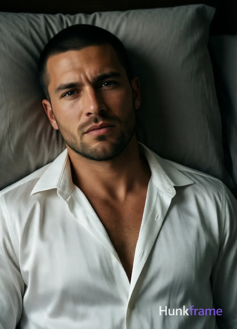 an anonymous figure man with light to medium tan skin texture and pores, short black buzz cut, light stubble on chin; Lying supine on back in a dark bedroom setting, head tilted slightly left against pillow shoulders relaxed; Wearing white satin button-down shirt with wide collar and deep V-neck exposing upper chest only; Soft directional lighting from front-left creates subtle shadows on right side of face; High-resolution skin detail, minimalist composition tight framing on expressive grimacing face and torso; Fine-art photography style; single clean uninterrupted photograph with a cohesive editorial composition and plain continuous surrounding surfaces