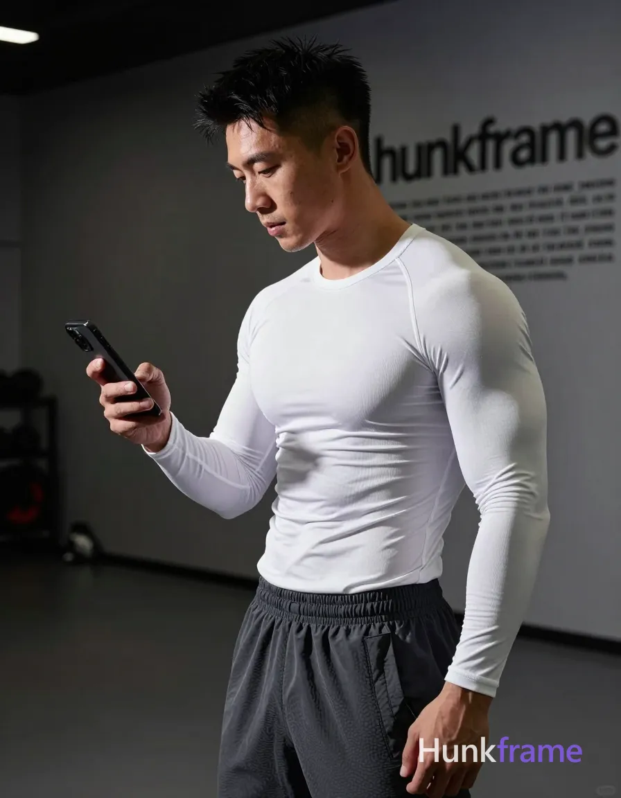 Asian man with short spiky black hair and faded undercut, clean-shaven chin with light upper lip stubble; Standing in profile facing left, head tilted down holding smartphone in right hand scrolling content; Wearing tight white ribbed long-sleeve compression shirt showing broad shoulders, defined pectorals, and tight ribcage definition; dark gray textured athletic shorts with visible waistband and side pocket; Indoor gym setting with dark walls, reflective floor, partial signage background; Dramatic directional lighting from upper-left casting strong shadows across face and torso, high-contrast chiaroscuro emphasizing musculature; Fine-art photography aesthetic, sculpted lighting, premium fashion-editorial tone, vertical portrait crop center-right; FULL TEXT REPLACEMENT: remove every original source word, sentence, slogan, logo, and partial spelling from the text-bearing area, then replace it with only the wordmark, spelled exactly "hunkframe" on the sign in the composition; This is replacement; Preserve appropriate typography and scale; No other visible text, logo, caption, username, hashtag, comment, watermark, or UI chrome; single clean uninterrupted photograph with a cohesive editorial composition and plain continuous surrounding surfaces