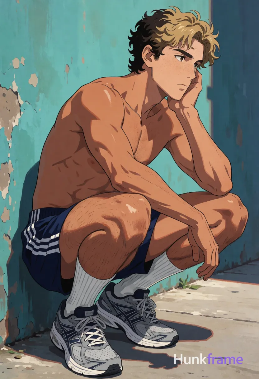 Polished anime style illustration of a Mediterranean man with tanned skin and dark curly hair crouching low; Shirtless, broad shoulders, defined pectorals, ripped abs, thick thighs visible; Wearing navy blue athletic shorts with three white stripes, white crew socks pulled to mid-calf, grey and navy running shoes; Left hand resting against cheek in contemplative gesture Outdoor urban setting against weathered teal wall with peeling paint; Strong directional sunlight casting sharp shadows on concrete ground; High-quality 2.5D next-gen game art rendering emphasizing sculpted musculature, same aesthetic theme and photo feel as the reference but a different man in a different pose with distinct body proportions, Northern European man, light freckled skin, dirty blond hair, tall lanky runner frame; single clean uninterrupted artwork with a cohesive composition and plain continuous surrounding surfaces