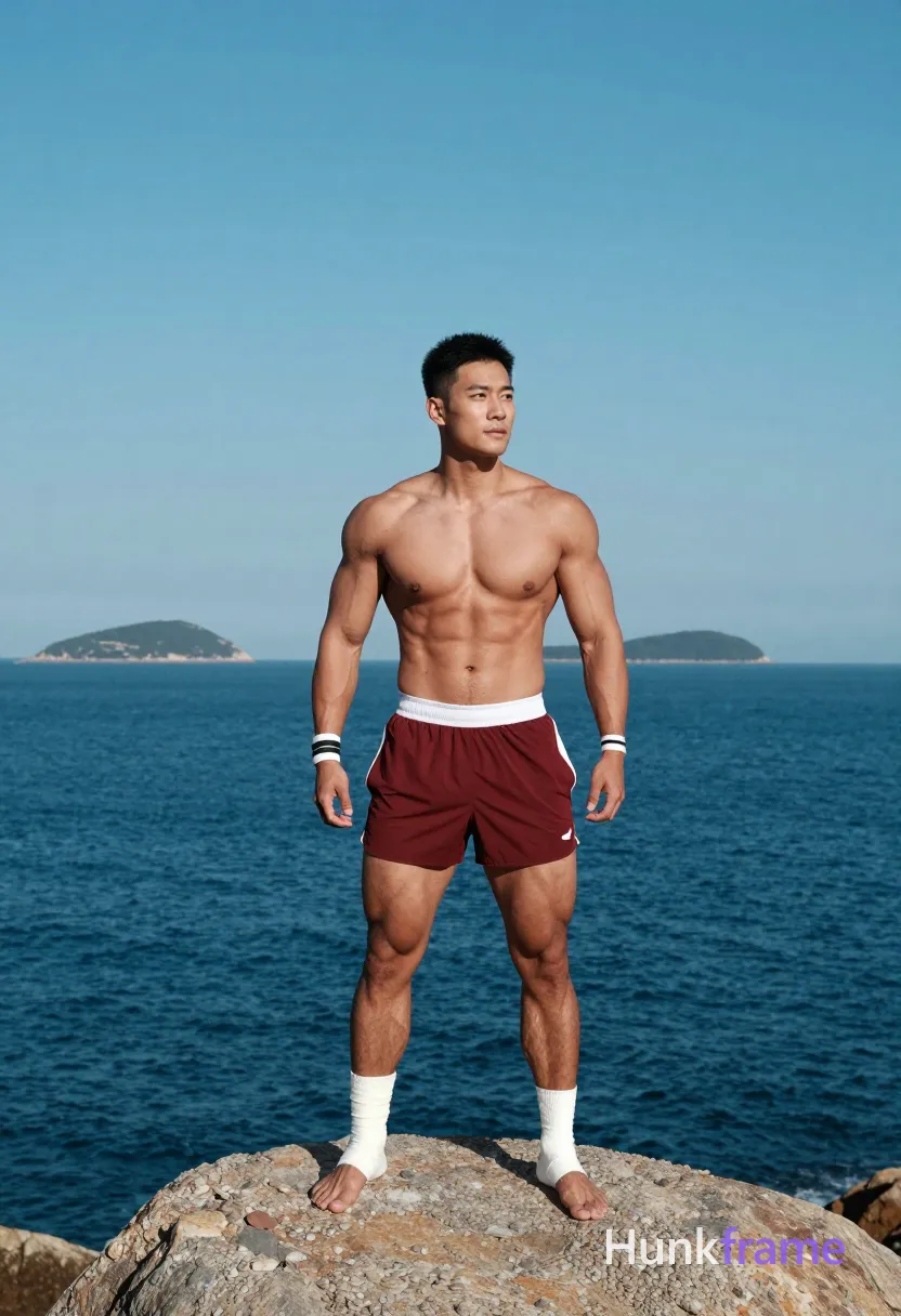 Asian man with tanned skin and short black hair stands shirtless on a rocky outcrop, right arm bent near shoulder. He wears maroon athletic shorts with white waistband, dual wristbands, and a white ankle bandage on the left leg. Striking full-bleed vertical composition captures his muscular chest, abs, and thick thighs against an expansive seascape with distant islands. Vivid mood features deep ocean blues and tanned skin tones within clean negative space for screen safety. Clean composition focuses attention on the vivid masculine form as a phone wallpaper., a single uninterrupted photograph only, no written words or typography anywhere in frame, no captions, no app UI, no social-media post layout, no screenshot borders