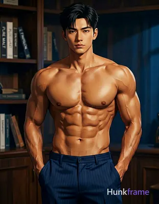 Asian man with short black hair styled back, clean-shaven face, neutral direct gaze standing center-