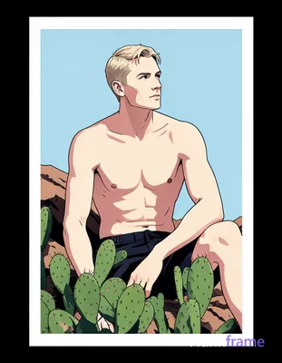 A lean white man with short light-colored hair sits on rocky ground, torso turned slightly rightward