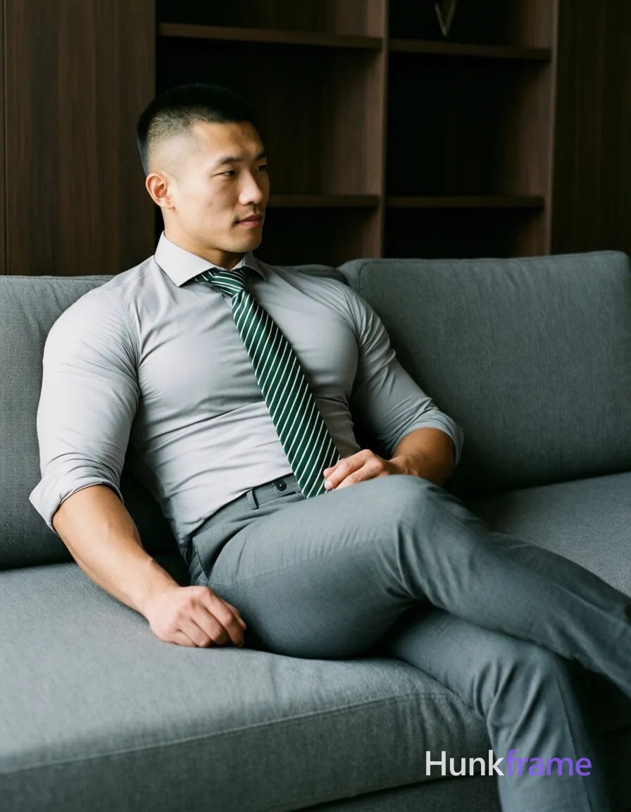 Asian man with short buzz cut and clean-shaven face reclining on a gray sectional sofa, torso angled right; He wears a tight-fitting light-gray long-sleeve dress shirt sleeves rolled to mid-forearm, dark green-and-white diagonal-striped necktie knotted at collar, matching gray slim-fit trousers; Left arm rests along body side, right hand near waistband of trousers; legs extended forward and crossed at ankles exposing thick thighs; Soft directional ambient light from left creates subtle shadows on right torso; Minimalist interior with dark wood shelving in background; Shallow depth-of-field focus on sculpted physique including broad shoulders, defined pectorals, toned abs; Vertical portrait composition 13:19; single clean uninterrupted photograph with a cohesive editorial composition and plain continuous surrounding surfaces