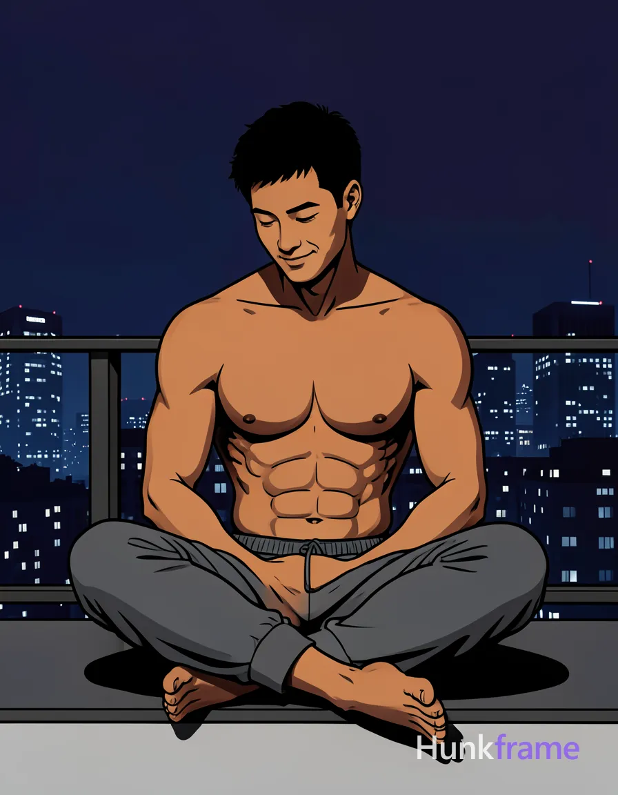 Bold flat-color wall art graphic of an Asian man with tanned skin and short black textured hair seated cross-legged on a balcony ledge; Shirtless torso features broad shoulders, defined pectorals, visible abdominal definition, thick thighs in loose dark gray sweatpants; Soft contemplative smile with head tilted downward against night city skyline background through glass railing; High-contrast color blocking, clean vector line aesthetic, dramatic contrast between subject and deep shadows; single clean uninterrupted photograph with a cohesive editorial composition and plain continuous surrounding surfaces