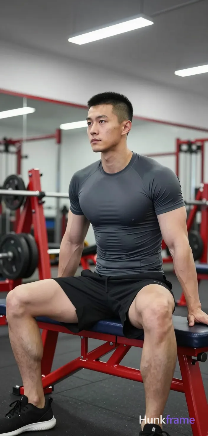 Asian man with short black buzz cut and clean-shaven face seated sideways on a red gym bench with blue cushion He wears dark grey tight-fitting short-sleeve compression shirt covering torso completely and black athletic shorts ending mid-thigh; Broad shoulders, defined pectorals, thick thighs, muscular calves visible under bright overhead fluorescent lighting typical of commercial gyms; Portrait vertical crop showing full seated subject from head to feet with gym background including weight racks and mirrors; single clean uninterrupted photograph with a cohesive editorial composition and plain continuous surrounding surfaces