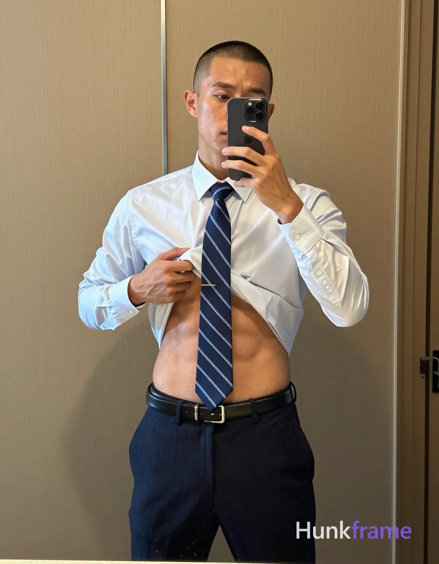 Adult man with light to medium tan skin and buzz cut stands in front of a mirror taking an iPhone selfie; He pulls open his white long-sleeve button-down shirt wide with both hands, exposing bare chest and abdomen while framing the shot at eye level; A blue striped necktie hangs loosely around his torso secured by a tie clip near the navel; he wears dark blue pinstripe dress trousers and a black leather belt; Defined pectorals and six-pack abs are sculpted under soft ambient indoor lighting typical of a lifestyle feed; The setting is an indoor room with light wood-paneled walls, angled slightly toward mirror reflection in vertical portrait orientation; single clean uninterrupted photograph with a cohesive editorial composition and plain continuous surrounding surfaces