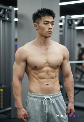 Photograph of exactly 1 adult man. Man 1: Asian, light tan, square jawline with defined cheekbones a