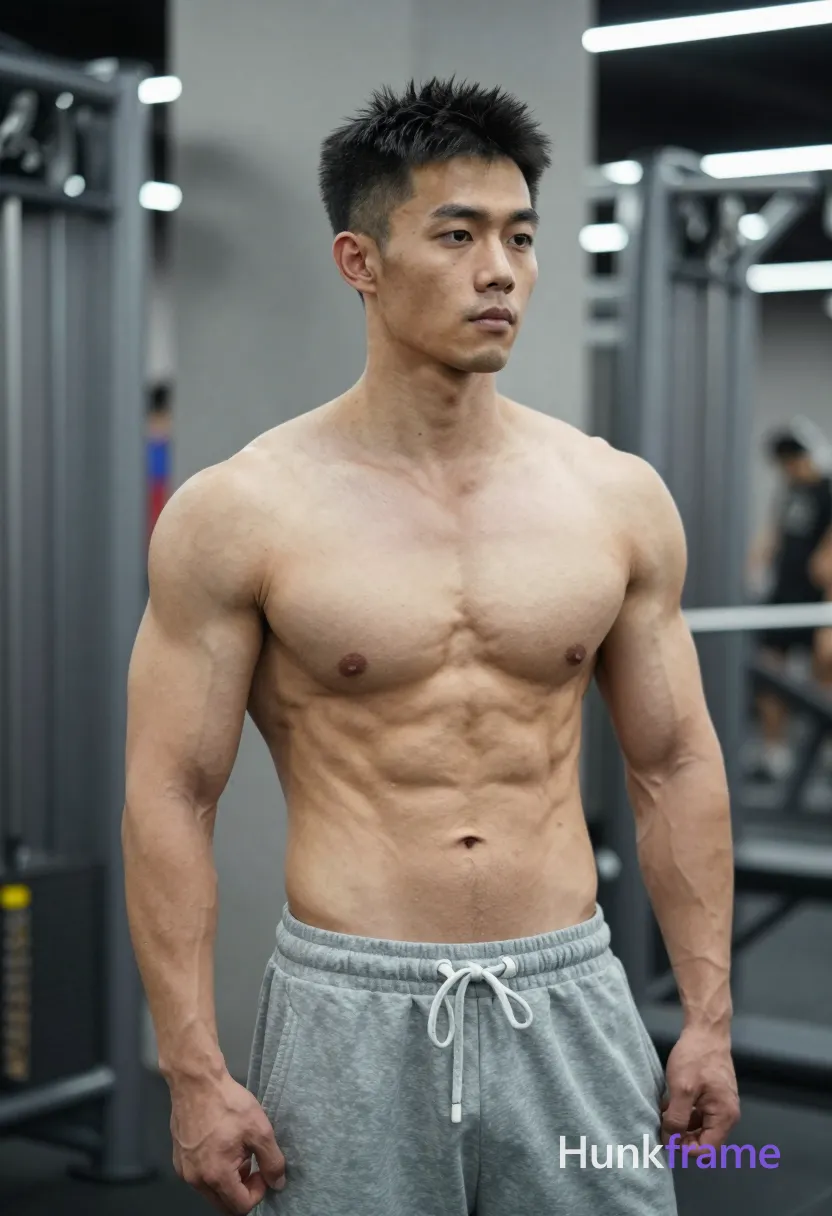 Photograph of exactly 1 adult man. Man 1: Asian, light tan, square jawline with defined cheekbones and a straight nose bridge, short, spiky black hair with faded sides (undercut style), small mole above left nipple. Man 1 has fully exposed eyes, eyebrows, temples and nose bridge. Highly muscular Asian man with defined pectorals, abs. Pulling up grey sweatpants while standing facing slightly right. Shirtless adult wearing loose-fitting grey sweatpants pulled down at waist. Vertical portrait crop from head to upper thighs center-left frame. Indoor gym with dark flooring metal equipment frames, grey pillar. Bright overhead lighting creating strong highlights on shoulders chest muscles. Fine-art photography high-contrast shallow depth of field clean composition