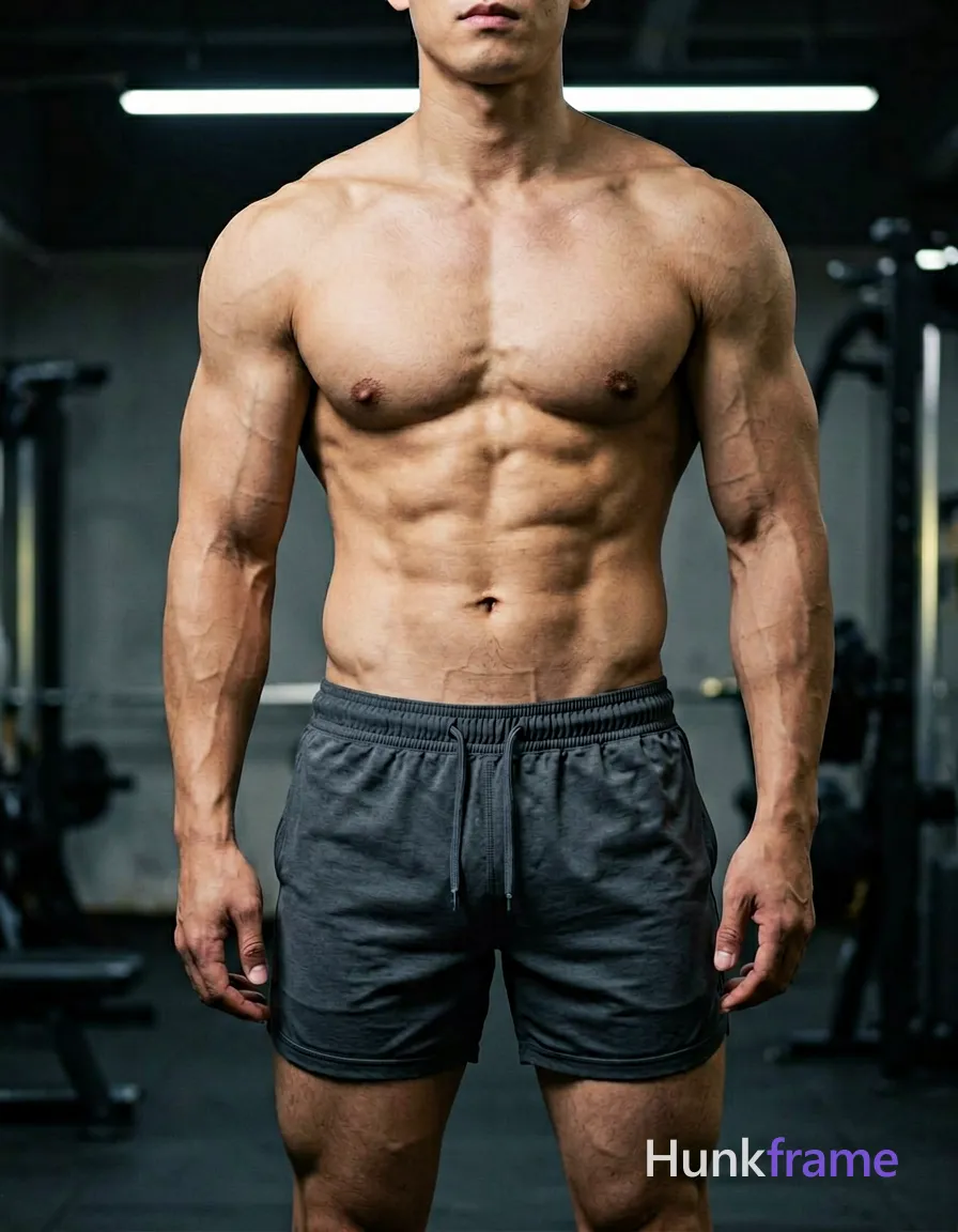 Vertical fashion editorial portrait, shirtless adult male with muscular chest and defined abs standing center-left. Dark grey athletic shorts with drawstring waistband on torso. Indoor gym setting with dark ceiling and fluorescent strip lights overhead providing dramatic directional illumination. Vertical crop from neck to mid-thighs excluding face. Clean composition focusing strictly on physique details including visible vascularity in arms against a palette of skin tones, dark grey, and black equipment shadows., wearing underwear or swim trunks, covered genitals, no frontal nudity, a single uninterrupted photograph only, no written words or typography anywhere in frame, no captions, no app UI, no social-media post layout, no screenshot borders