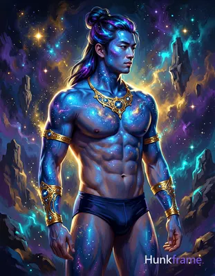 Asian man with blue-tinted cosmic skin and glowing highlights, long dark hair in