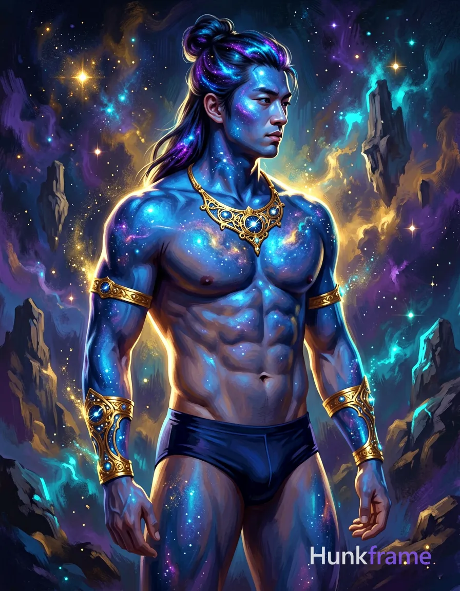 Asian man with blue-tinted cosmic skin and glowing highlights, long dark hair in a high topknot streaked with galaxy blues and purples; He stands shirtless in three-quarter profile facing right, head turned slightly to the viewer, wearing an ornate golden celestial necklace and matching arm bands on both forearms; The composition is a vertical medium shot from mid-thigh up against a cosmic nebula background with distant rocky formations; Dramatic rim lighting highlights his broad shoulders, defined pectorals, sculpted abs, and thick thighs partially visible at the edges; High-contrast digital painting style with painterly brushstrokes, glowing particle effects, starfield texture, mythological iconography blending divine mood in deep indigo, violet, golden amber, and electric cyan; securely fitted underwear or swim trunks with complete frontal coverage; single clean uninterrupted artwork with a cohesive composition and plain continuous surrounding surfaces