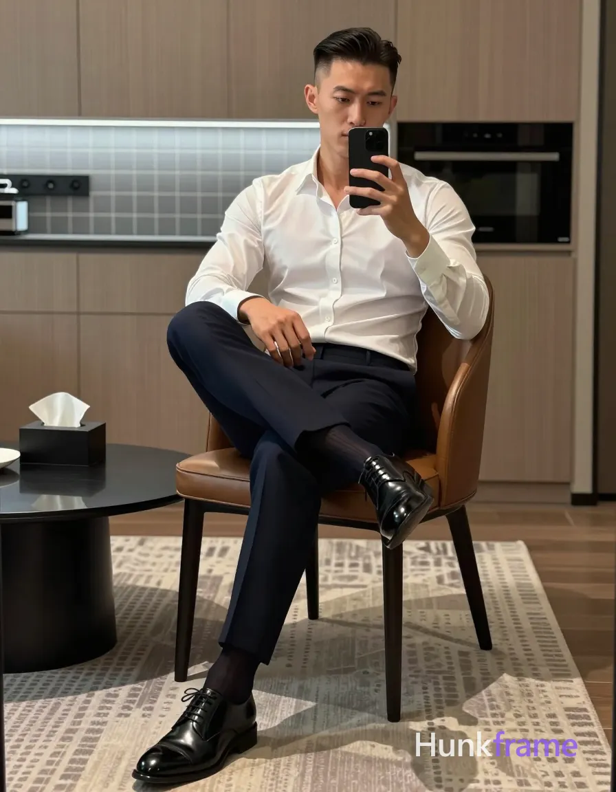 Adult man, slim build with defined athletic posture, short dark brown/black side-parted slick-back hair, clean-shaven face with neutral pensive expression; Seated on a brown leather chair right leg crossed over left knee, torso angled toward mirror holding black smartphone in right hand for selfie capture, left hand resting near shirt cuff; Wearing white long-sleeve dress shirt with French cuffs and buttoned collar, dark navy tailored trousers cuffed at ankles, black patent leather lace-up oxford shoes, dark navy socks visible above shoe line; Modern interior room featuring light wood cabinetry, patterned rug under chair, low oval coffee table with tissue box, tiled backsplash behind subject suggesting kitchen or bar area; Soft ambient indoor lighting mixed with cool-toned backlight from illuminated tile grid in background; Athletic fine-art photography emphasizing confident strength and composed posture, clean lines and structured silhouette, premium menswear aesthetic, vertical portrait orientation 832x1216; single clean uninterrupted photograph with a cohesive editorial composition and plain continuous surrounding surfaces