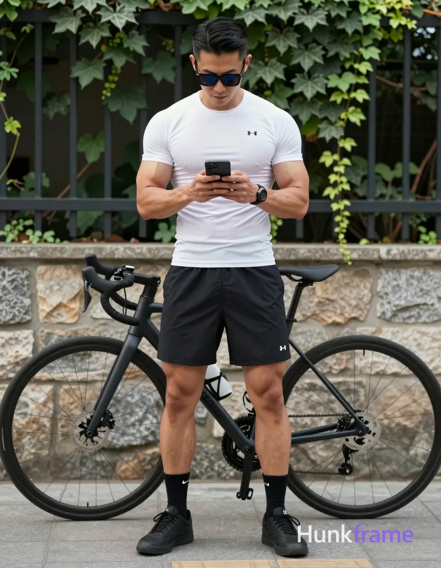 Asian man with light-medium skin, short black side-parted slick-back hair, dark-tinted rectangular sunglasses worn on face; Standing upright on paved sidewalk holding a black smartphone at chest level with both hands, thumbs interacting with screen, head tilted down in focused gaze; Wearing white tight-fitting an anonymous figure compression t-shirt logo visible left chest, black athletic shorts with white UA logo lower leg, black crew socks small white Nike swoosh outer ankle, black low-top sneakers; Broad shoulders, defined pectorals, visible abdominal definition, thick muscular thighs, well-defined calves; Full-body shot head to mid-calf left-center foreground against stone wall background with bicycle right third; Green ivy-covered fence behind subject; Natural daylight casting soft shadows under arms and bike frame, even illumination across face and torso; Realistic depth of field with background slightly blurred; Clean composition sharp focus on subject and bike details premium fashion-editorial aesthetic; The adult man visibly wears dark-tinted sunglasses worn on face; rectangular frame shape, thin black rims, opaque lenses obscuring eye details on his face; single clean uninterrupted photograph with a cohesive editorial composition and plain continuous surrounding surfaces