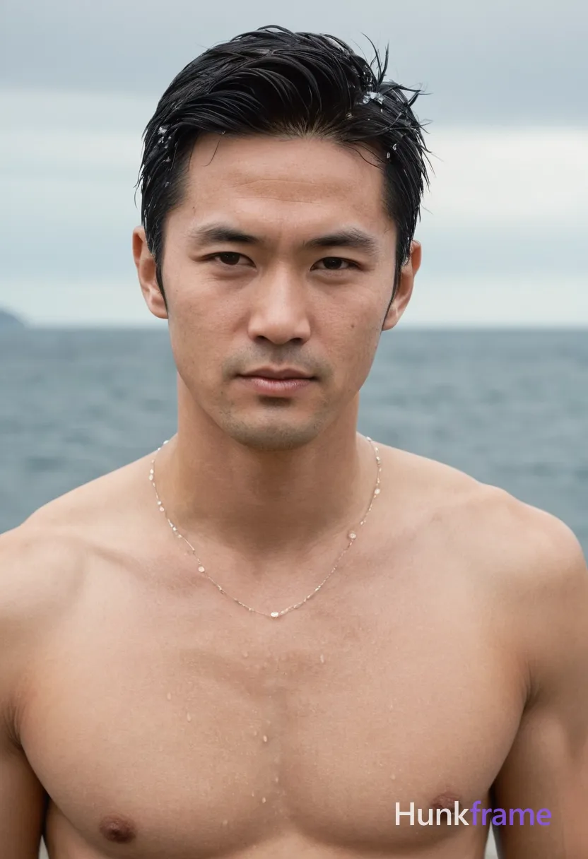 A Japanese man with soft masculine features and straight black hair stands on a rocky shoreline at midday. He has a slim dancer build, and his physique is natural yet athletic. The scene includes calm blue waters in the background under a clear sky, emphasizing the harmony between the subject's lean body and the serene environment. He wears loose-fitting shirt and trousers