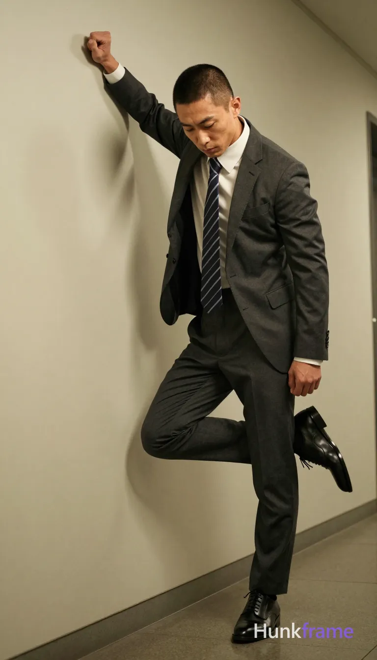 Asian man with short buzz cut and clean-shaven face in a dark gray tailored suit jacket, white dress shirt, striped tie, black leather oxford shoes; He stands against a light beige wall, right arm bent pressing fist to the surface for support while balancing on his right foot with left knee drawn high toward chest; Torso leans forward slightly into the pose; Full-body shot from head to toe, center-right of frame angled toward the left wall in an indoor hallway setting; Soft directional lighting creates sculpted shadows along suit folds and skin texture; Fine-art photography aesthetic with dramatic cinematic mood, same aesthetic theme and photo feel as the reference but a different man in a different pose with distinct body proportions, Japanese man, soft masculine features, straight black hair, slim dancer build; single clean uninterrupted photograph with a cohesive editorial composition and plain continuous surrounding surfaces