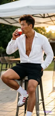Asian man with light-medium skin and dark brown short hair styled with volume, c
