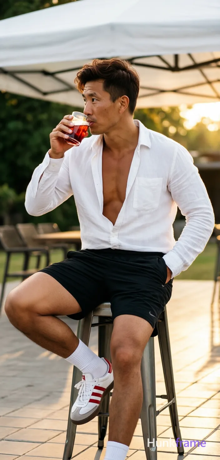 Asian man with light-medium skin and dark brown short hair styled with volume, clean-shaven face gazing off-camera left. Seated sideways on a metal bar stool outdoors under a white fabric canopy; right leg bent flat, left thigh crossed over right knee. Wearing an open white long-sleeve button-up shirt exposing upper chest and pectorals, black athletic shorts above the knee, mid-calf crew socks, and white sneakers with red stripes. Holding a clear glass with reddish liquid near mouth in right hand, left hand deep in pocket. Warm golden-hour sunlight from right casts soft shadows on tiled patio; shallow depth of field highlights natural skin texture against neutral grays., a single uninterrupted photograph only, no written words or typography anywhere in frame, no captions, no app UI, no social-media post layout, no screenshot borders