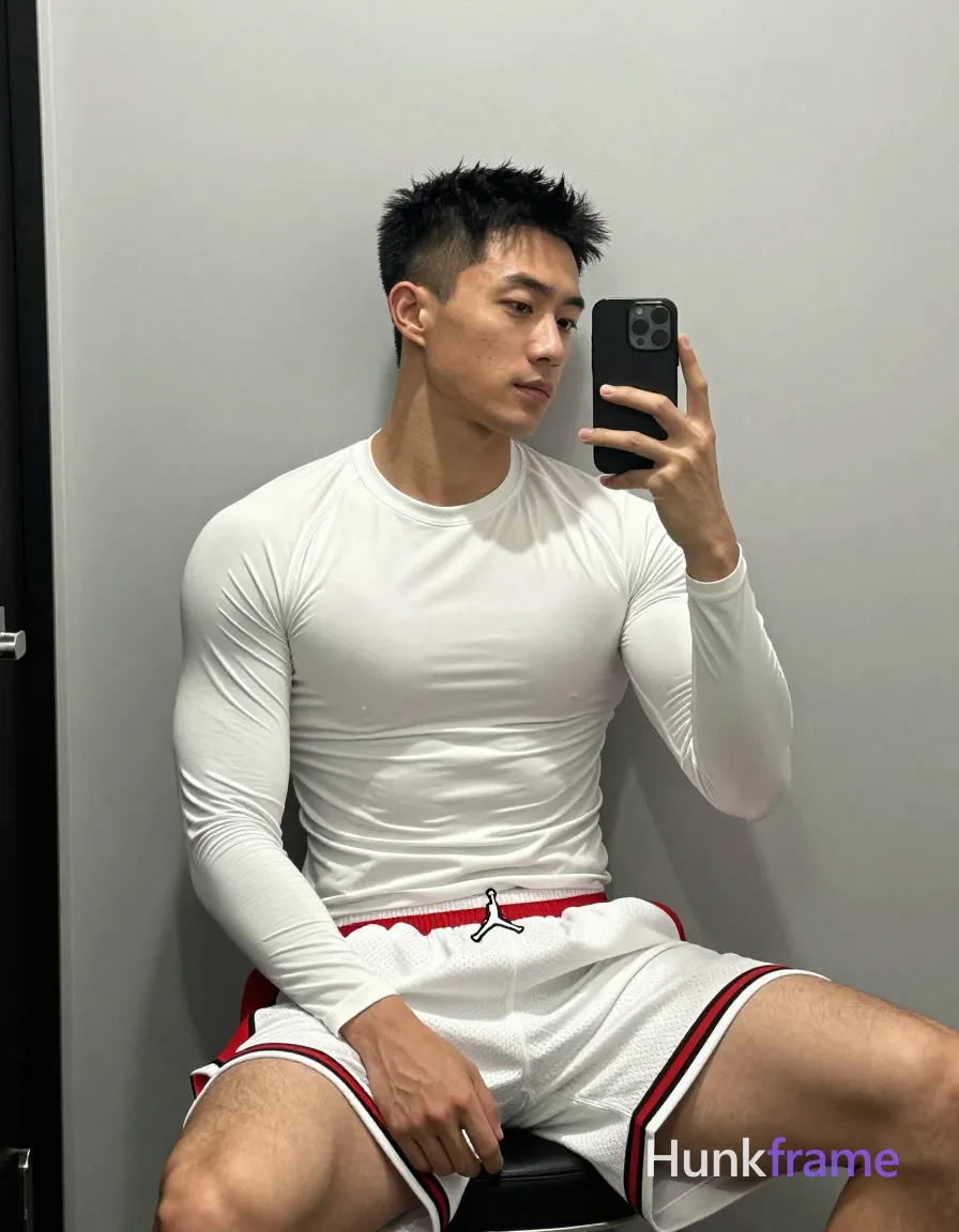 Full-body portrait of an Asian man with light-medium skin seated sideways against a plain light gray wall in an indoor bathroom or locker room; He has short textured dark black hair, slightly spiky on top and faded sides, clean-shaven face, and wears unobstructed face with both eyes, irises, eyebrows, temples, and nose bridge clearly visible; Dressed in a white long-sleeve compression shirt covering his torso completely from neck to waistline and white basketball shorts with a red panel on the outer thigh featuring a white Jumpman logo bordered by black and red stripes; He holds a black smartphone with both hands near his face angled toward a mirror reflection, taking a selfie while seated; left hand grips bottom edge, right supports side with thumb visible; His legs show lean build muscle definition and natural leg hair; Soft ambient indoor lighting creates subtle shadows under chin and arms; Clean lines, minimalist composition, fine-art photography style, homoerotic aesthetic, vertical 13:19 aspect ratio, same aesthetic theme and photo feel; single clean uninterrupted photograph with a cohesive editorial composition and plain continuous surrounding surfaces