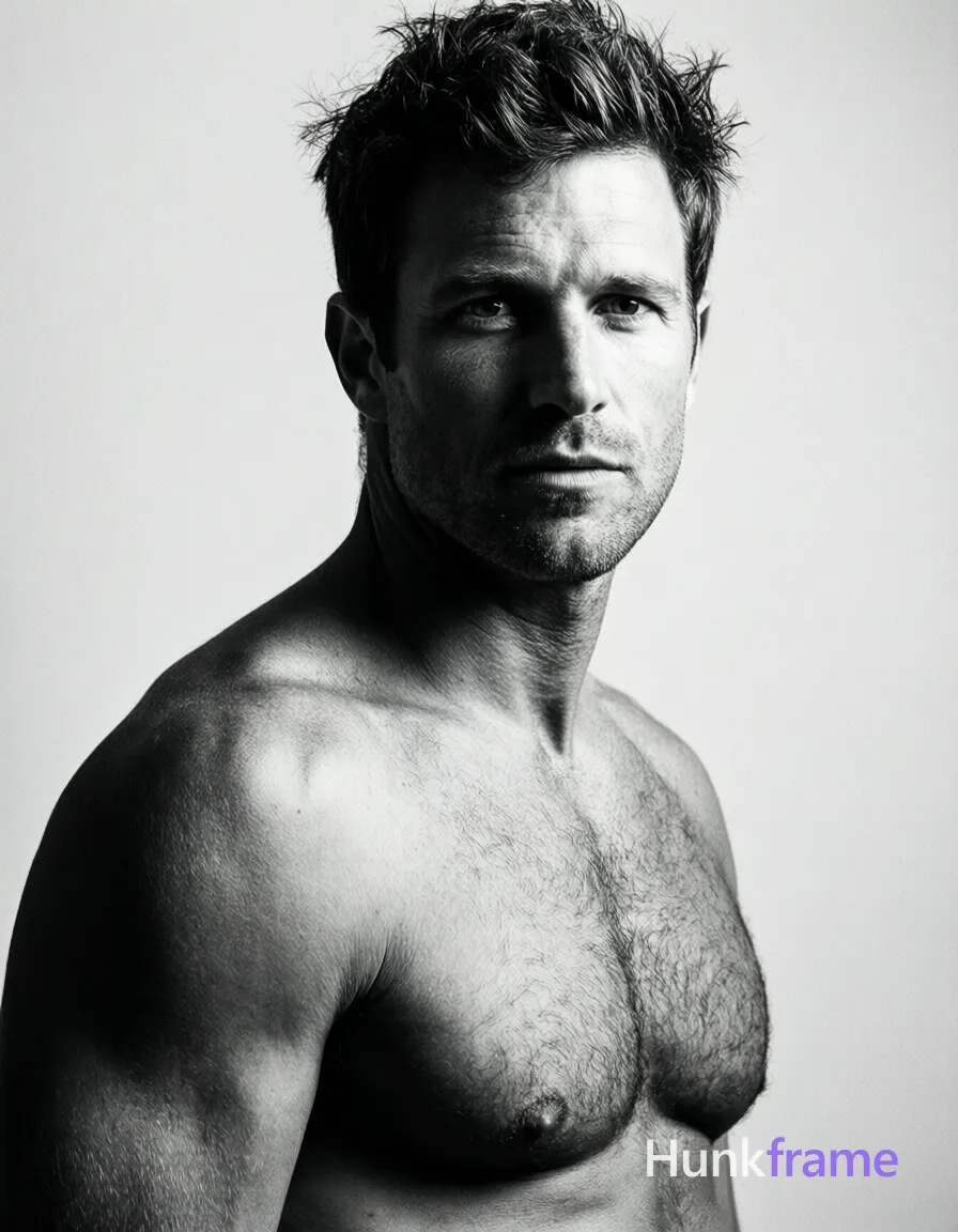 Caucasian adult man with short dark tousled hair, clean-shaven face, direct gaze and neutral mouth. Shirtless upper torso close-up showing broad shoulders and defined pectorals in high-contrast fine-art photography. Slight body turn to viewer's left with right shoulder forward; head near top edge of vertical portrait frame. Studio setting with plain background under dramatic directional lighting from the right casting strong shadows on the face and chest texture. Monochrome black-and-white palette, intense masculine editorial mood., a single uninterrupted photograph only, no written words or typography anywhere in frame, no captions, no app UI, no social-media post layout, no screenshot borders