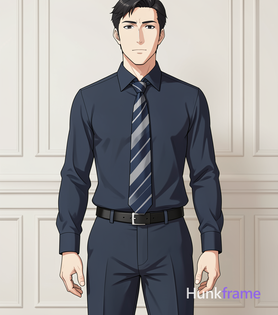 Vertical anime portrait of an adult man standing facing forward with hands relaxed at sides, wearing