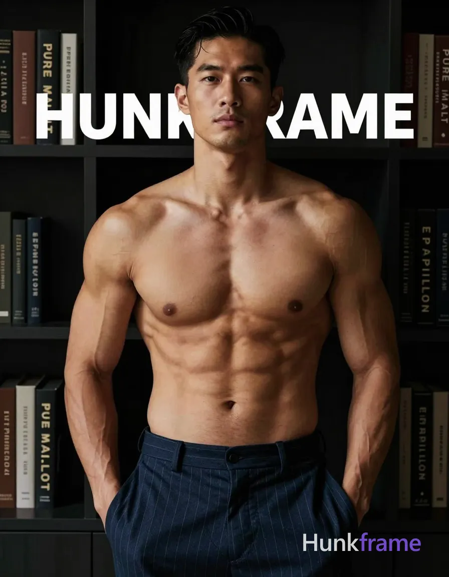 Asian man with tanned skin and short black hair styled back, clean-shaven face with neutral direct gaze. Standing center-left in a vertical portrait crop (waist-up), hands deep inside pockets of dark blue pinstriped trousers. Shirtless adult male displaying highly muscular chest and abs, defined pectorals, six-pack abs, visible vascularity on arms; bare torso exposed from chest to abdomen. Indoor studio setting with dark bookshelf background featuring spines 'PURE MALT' and 'E PAPILLON'. Dramatic directional lighting from front-right creates high-contrast highlights on skin and muscles against warm tans and deep blues palette. Fine-art photography aesthetic, highly detailed muscle definition, masculine sculpted mood, premium fashion editorial style. Include exactly one visible wordmark, spelled exactly "HUNKFRAME", in the same compositional text position; preserve its appropriate typography and scale. No other visible text, logo, caption, username, hashtag, comment, watermark, or UI chrome., a single uninterrupted photograph only, no written words or typography anywhere in frame, no captions, no app UI, no social-media post layout, no screenshot borders