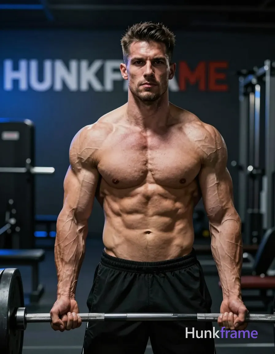 A muscular white man with tanned skin, short dark brown styled hair and side parting, light jaw stubble. He stands upright facing the camera in a waist-up crop, holding a silver barbell horizontally at his waist with both hands gripping handles near center; wrists slightly bent inward, no dynamic movement. Shirtless adult male with bare chest fully exposed showing highly muscular shoulders, defined six-pack abs, visible vascularity on thick forearms and torso. He wears black athletic shorts with waistband below navel. Setting is a gym interior with weight racks blurred in background by shallow depth of field; blue ambient lighting hits the left wall while dramatic directional light highlights musculature from front-left against deep blacks and grays. Athletic photography, confident strength mood. Include exactly one visible wordmark, spelled exactly "HUNKFRAME", on the sign in the composition; preserve its appropriate typography and scale. No other visible text, logo, caption, username, hashtag, comment, watermark, or UI chrome., a single uninterrupted photograph only, no written words or typography anywhere in frame, no captions, no app UI, no social-media post layout, no screenshot borders