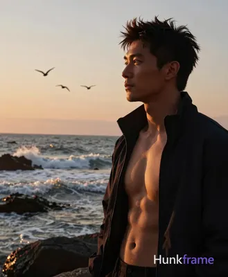 Asian man with short spiky dark brown hair, medium-tan skin glowing from warm ba