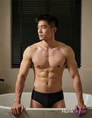 Photograph of exactly 1 adult man. Man 1: Asian, tanned, square jawline with defined cheekbones, sho