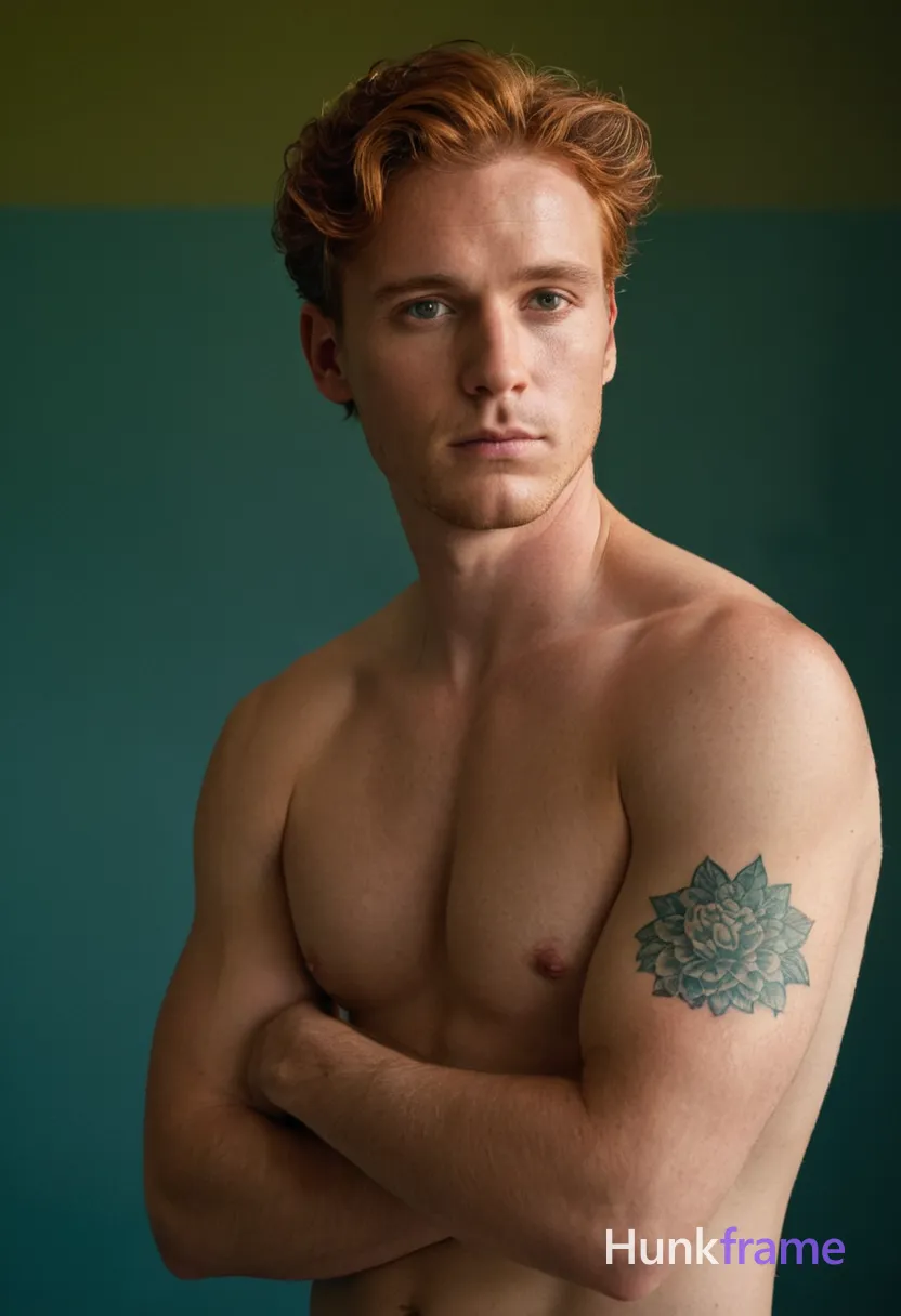 A shirtless man with wavy brown hair and visible tattoos stands in a dimly lit room with muted green walls during the golden hour, wearing only dark jeans; he has an introspective expression on his face as if deep in thought, standing slightly bent at one knee, hands resting lightly on his hips; soft diffused light casts a warm glow over his muscular form and toned abs