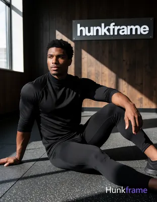 A muscular Black man with medium-dark skin and short curly black hair sits cente