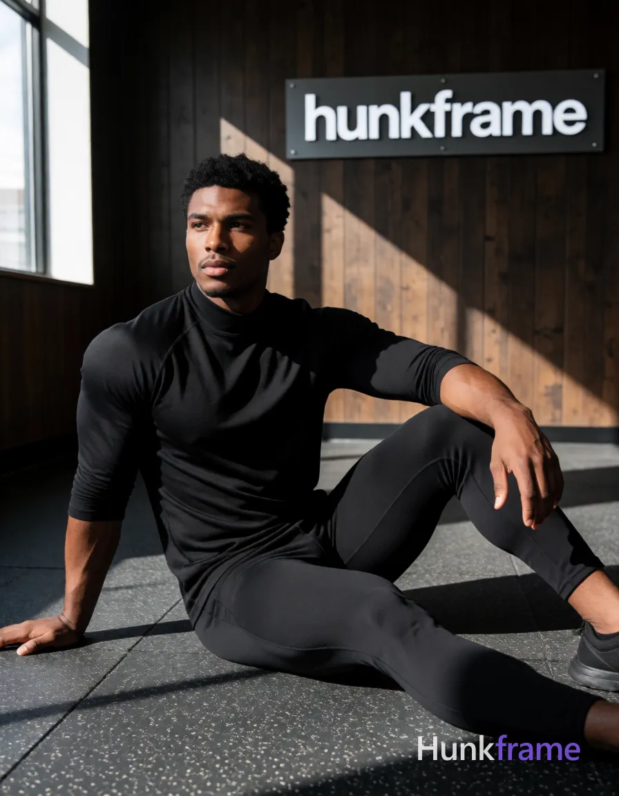 A muscular Black man with medium-dark skin and short curly black hair sits center-left on a textured rubber gym floor, fully clothed in a black long-sleeve mock-neck athletic shirt with sleeves rolled to mid-forearm and black fitted leggings; He maintains a lean build with right knee up, hand resting on thigh, left leg extended forward, gazing neutrally to the left; Dramatic directional sunlight streams from the left window casting strong shadows across dark wood-paneled walls and grey rubber flooring; High contrast sharp focus editorial lighting captures the focused intensity of his defined anatomy in an 832x1216 vertical portrait orientation with a visible hunkframe wordmark on the gym wall sign; Include exactly one visible wordmark, spelled exactly "hunkframe", on the sign in the composition; preserve its appropriate typography and scale; No other visible text, logo, caption, username, hashtag, comment, watermark, or UI chrome; single clean uninterrupted photograph with a cohesive editorial composition and plain continuous surrounding surfaces