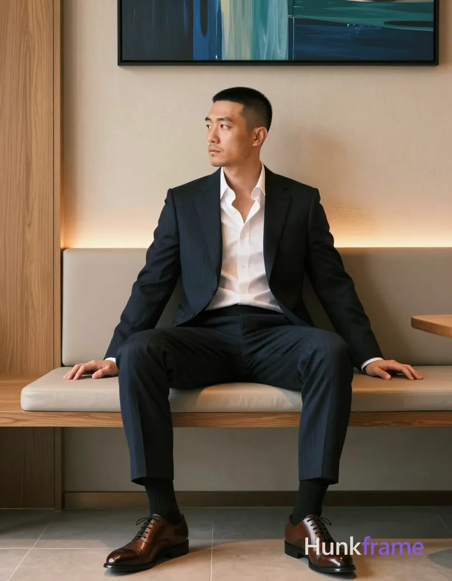Photograph of exactly 1 adult man. Man 1: East Asian, light-medium, oval with defined jawline, short buzz cut, sides shaved very short, slightly longer on top (approx. 1-2cm), dark brown/black color, straight texture, clean hairline, clean-shaven chin and upper lip, light stubble on jawline/neck area. Man 1 has fully exposed eyes, eyebrows, temples and nose bridge. East Asian man with light-medium skin, short buzz cut hair, clean-shaven face with jaw stubble. Seated upright on beige bench leaning back against wall, arms relaxed along sides looking leftward. Open dark navy pinstripe suit jacket over white shirt with top two buttons undone revealing collarbone. Full-body vertical portrait center-right showing feet in brown oxfords, black crew-neck socks pulled up mid-calf. Modern interior lounge featuring beige textured walls, wood sliding door left, abstract blue-green artwork above. Soft ambient ceiling lights casting gentle shadows with warm accent strip-lighting glowing along wall panels. High-end fashion editorial quality clean lines emphasizing posture attire details and minimalist luxury aesthetic