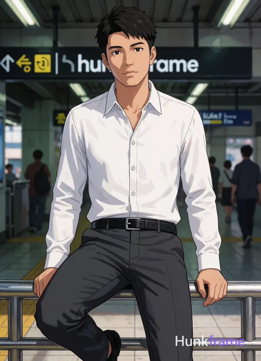 Asian adult man with light-medium skin, black short textured crop top hair and side-swept bangs, clean-shaven chin with light jawline stubble; Seated on metal railing in transit hub, right leg bent foot resting on lower rail, left leg extended downward, torso angled forward leaning back against cold steel; Wearing white long-sleeve button-down shirt top 3 buttons undone revealing upper chest below collarbones, dark gray slim-fit trousers with belt loops and black leather belt featuring silver rectangular buckle; Polished anime style next-gen 3D game art rendering, expressive face athletic anatomy high-quality character rendering; Fine-art editorial photography aesthetic, naturalistic color grading with slight cool undertones typical of indoor transit environments; Portrait centered occupying majority of frame head to mid-thighs, background shows blurred station interior signage and distant pedestrians; Mood calm confidence urban sophistication quiet intensity; FULL TEXT REPLACEMENT: remove every original source word, sentence, slogan, logo, and partial spelling from the text-bearing area, then replace it with only the wordmark, spelled exactly "hunkframe" on the sign in the composition; single clean uninterrupted artwork with a cohesive composition and plain continuous surrounding surfaces