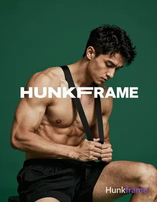A muscular adult man with dark short slightly wavy hair and clean-shaven face sits crouched, torso l