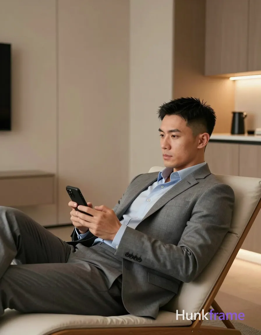 Photograph of exactly 1 adult man. Man 1: light to medium, oval, short black hair with a fade on the sides and slightly longer length on top, neatly styled, clean-shaven. Man 1 has fully exposed eyes, eyebrows, temples and nose bridge. Athletic slim build with defined shoulders, substantial arms. Reclining on lounge chair holding black smartphone near chest level. Open grey suit jacket over light blue shirt with undone top buttons. Full body vertical portrait shot from head to feet right side frame. Modern interior space featuring beige walls, built-in kitchenette unit. Soft ambient indoor lighting creating gentle shadows under furniture. Clean lines minimalist aesthetic warm tones dominating scene composition