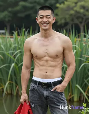 Asian adult man with short black buzz cut and clean-shaven face, smiling broadly with slight head ti