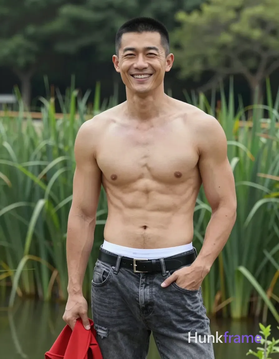 Asian adult man with short black buzz cut and clean-shaven face, smiling broadly with slight head tilt to right; Shirtless torso showing broad shoulders, defined pectorals, six-pack abs, visible vascularity on arms; Standing upright outdoors near water with tall grasses and trees in background; Left hand deep in pocket of dark grey distressed jeans with belt loops and silver buckle; black leather belt worn over white underwear waistband; Right hand holding red garment at hip level; Vertical portrait composition 13:19, natural daylight soft shadows on torso, lush green foliage palette; single clean uninterrupted photograph with a cohesive editorial composition and plain continuous surrounding surfaces