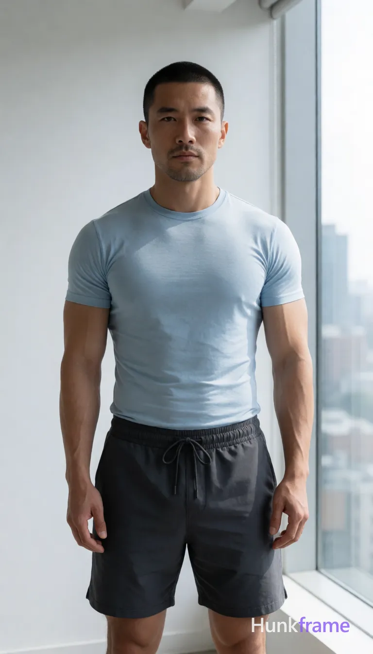 Asian man with short buzz cut and light stubble stands upright facing camera, slight forward lean in high-resolution fashion editorial; He wears a light blue fitted compression-style t-shirt covering torso completely and dark grey drawstring athletic shorts reaching mid-thighs; Broad shoulders, defined pectorals, vascular forearms visible against plain white wall background with large window showing cityscape to right side of frame; Natural daylight creates soft directional shadows on left face and body; Cool greys and blues palette, minimalist indoor setting, vertical portrait orientation 13:19 aspect ratio; single clean uninterrupted photograph with a cohesive editorial composition and plain continuous surrounding surfaces